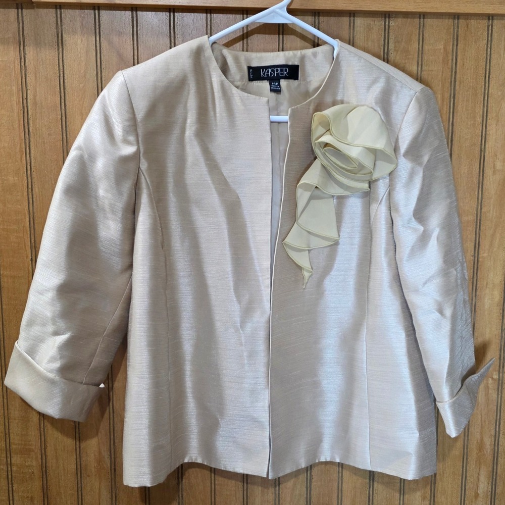 Kasper 3 Piece Skirt Suit Set Champagne Floral Shiny Elegant Career Size 12